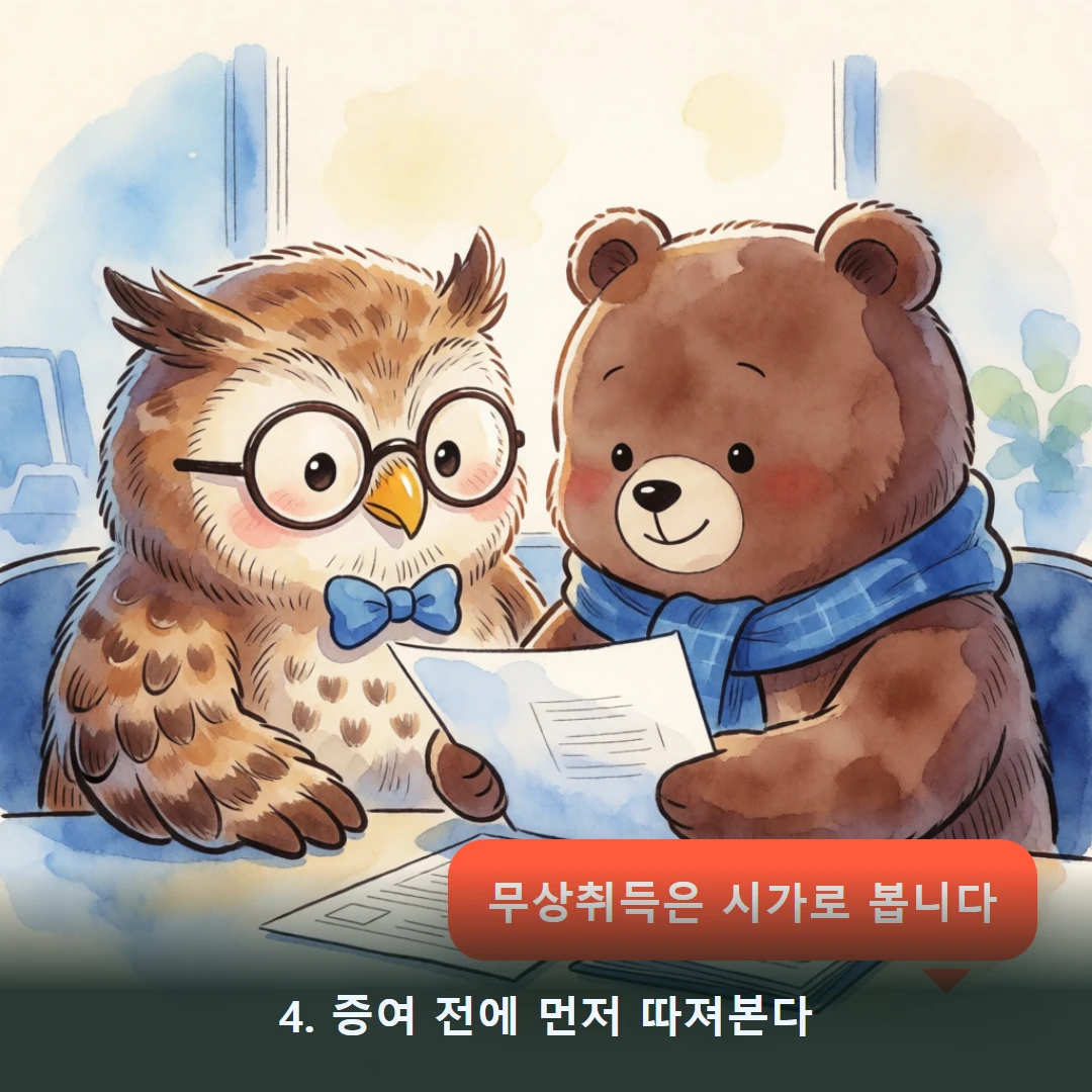 웹툰 4컷 — 4. 증여 전에 먼저 따져본다 (무상취득은 시가로 봅니다)