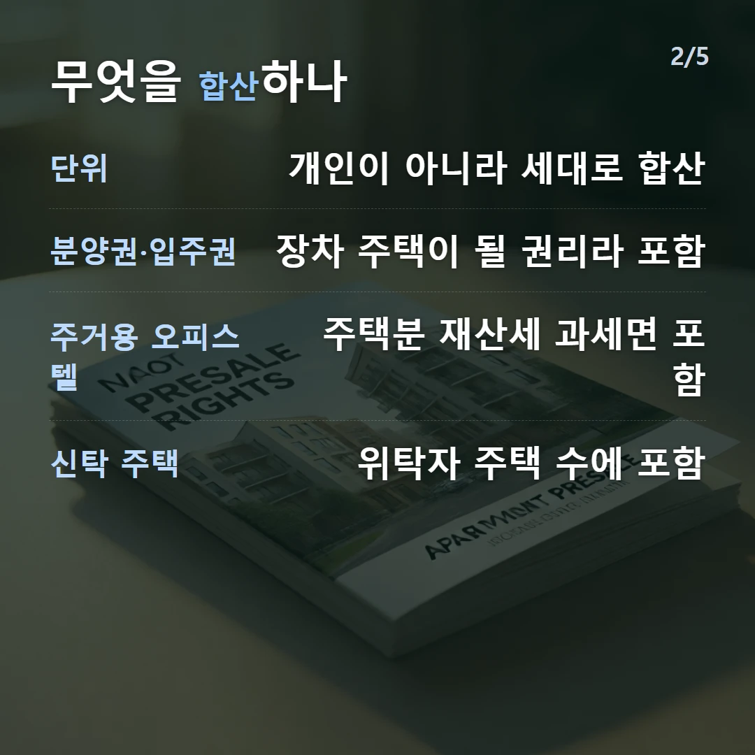 무엇을 합산하나 — 단위 개인이 아니라 세대로 합산, 분양권·입주권 장차 주택이 될 권리라 포함, 주거용 오피스텔 주택분 재산세 과세면 포함, 신탁 주택 위탁자 주택 수에 포함