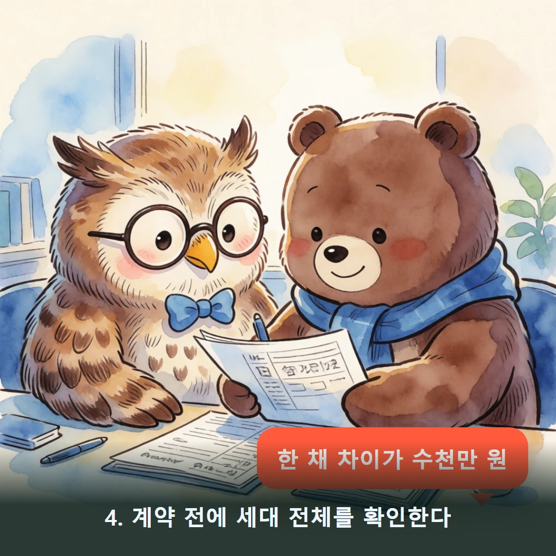 웹툰 4컷 — 4. 계약 전에 세대 전체를 확인한다 (한 채 차이가 수천만 원)