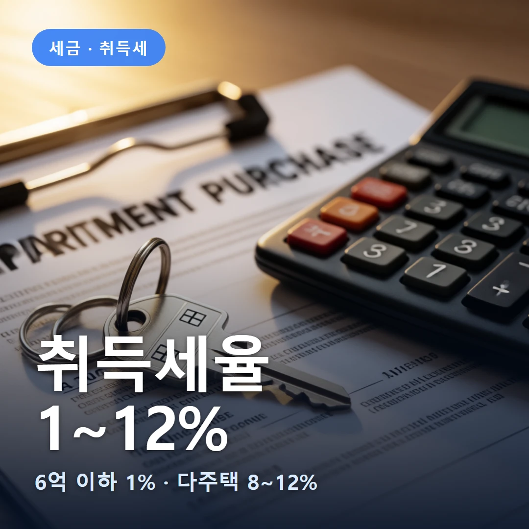 취득세율 요약 표지 — 6억 이하 1% · 다주택 8~12%