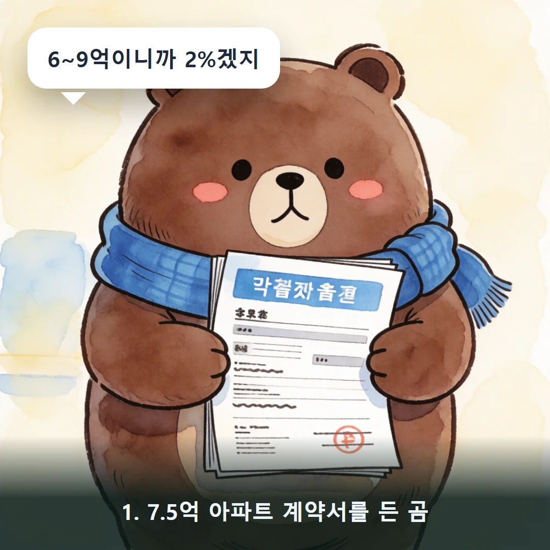 웹툰 1컷 — 1. 7.5억 아파트 계약서를 든 곰 (6~9억이니까 2%겠지)
