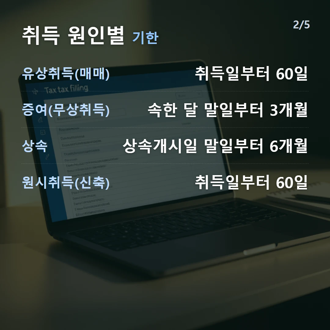 취득 원인별 기한 — 유상취득(매매) 취득일부터 60일, 증여(무상취득) 속한 달 말일부터 3개월, 상속 상속개시일 말일부터 6개월, 원시취득(신축) 취득일부터 60일