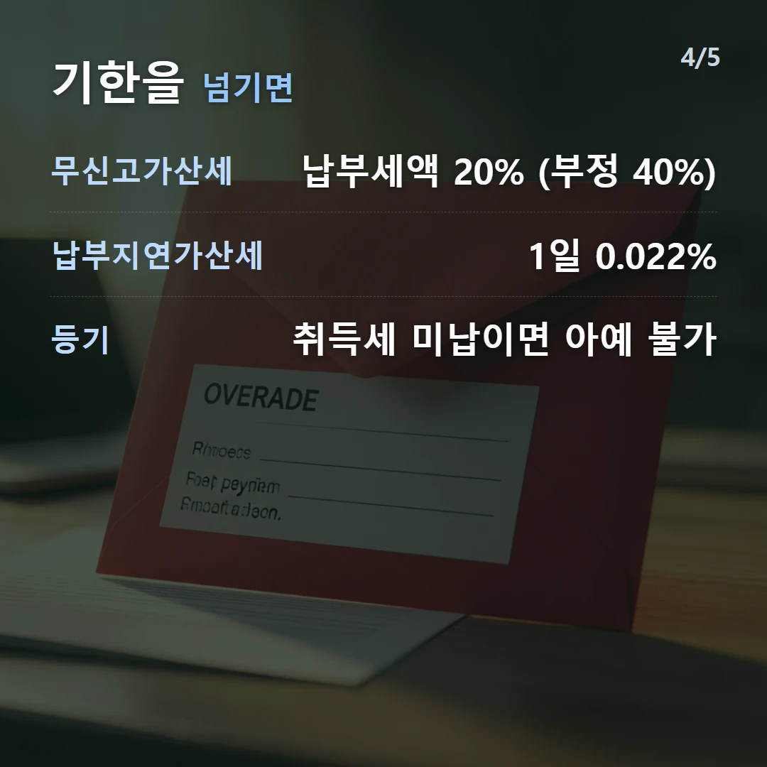 기한을 넘기면 — 무신고가산세 납부세액 20% (부정 40%), 납부지연가산세 1일 0.022%, 등기 취득세 미납이면 아예 불가