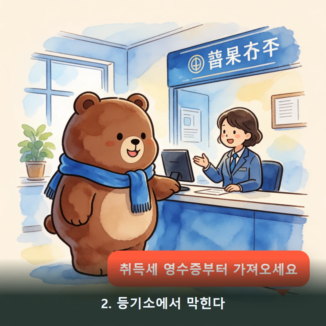 웹툰 2컷 — 2. 등기소에서 막힌다 (취득세 영수증부터 가져오세요)