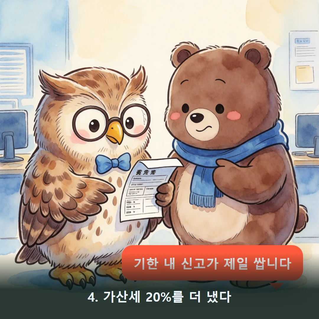 웹툰 4컷 — 4. 가산세 20%를 더 냈다 (기한 내 신고가 제일 쌉니다)