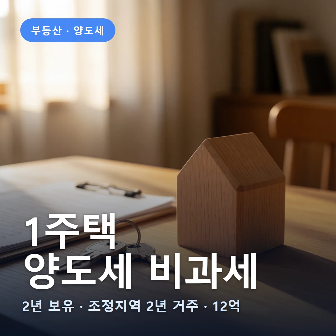 1세대 1주택 비과세 요약 표지 — 2년 보유 · 조정지역 2년 거주 · 12억