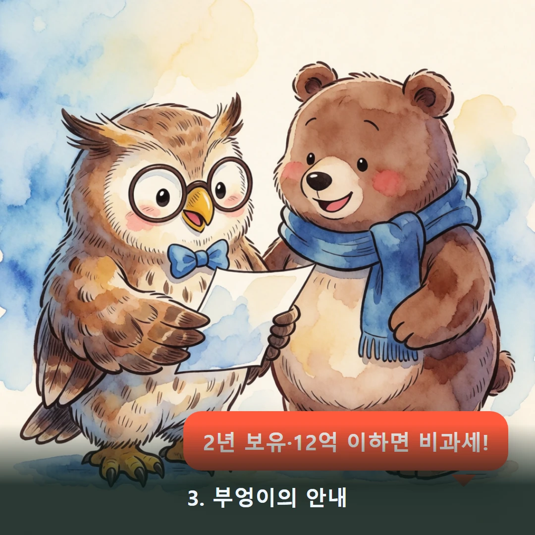 웹툰 3컷 — 3. 부엉이의 안내 (2년 보유·12억 이하면 비과세!)