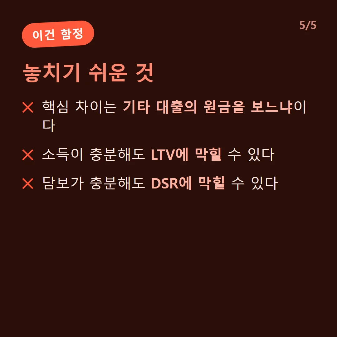 놓치기 쉬운 것 — 핵심 차이는 기타 대출의 원금을 보느냐이다 / 소득이 충분해도 LTV에 막힐 수 있다 / 담보가 충분해도 DSR에 막힐 수 있다
