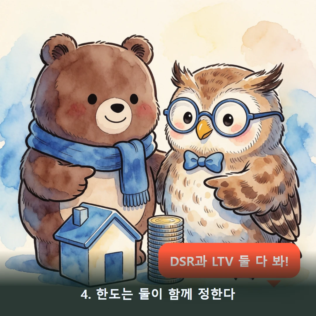 웹툰 4컷 — 4. 한도는 둘이 함께 정한다 (DSR과 LTV 둘 다 봐!)