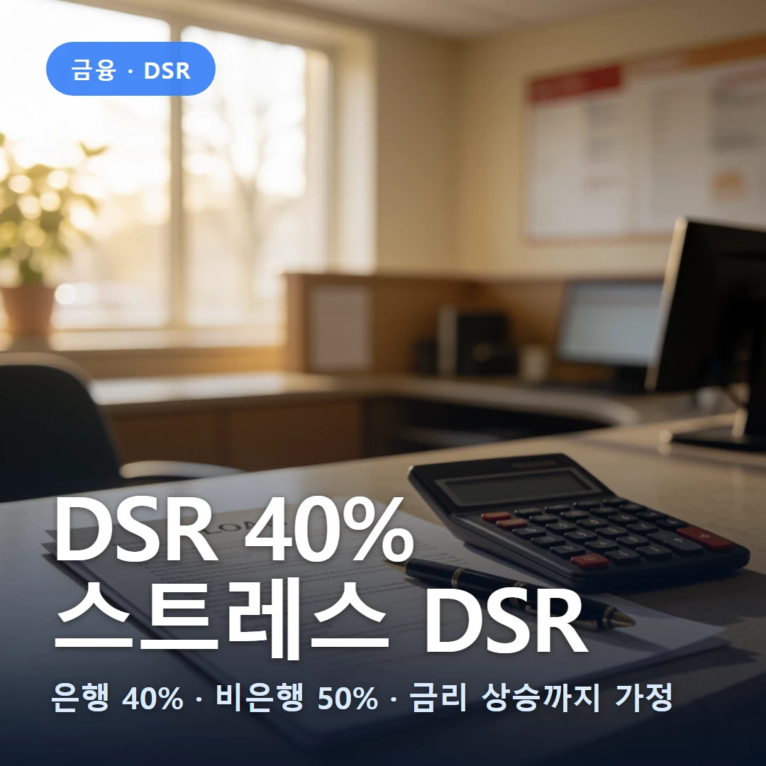 DSR 규제 요약 표지 — 은행 40% · 비은행 50% · 금리 상승까지 가정