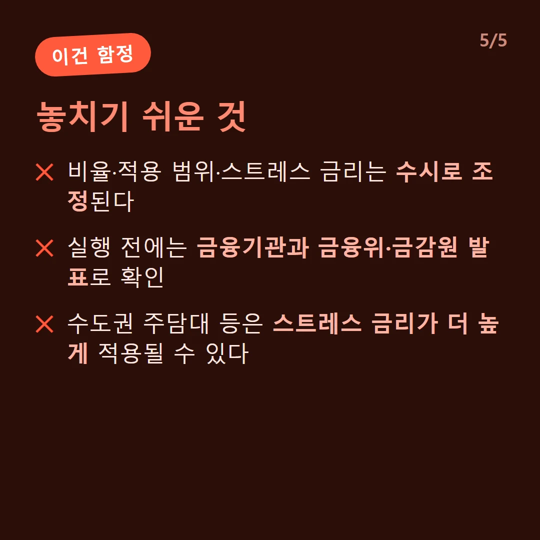 놓치기 쉬운 것 — 비율·적용 범위·스트레스 금리는 수시로 조정된다 / 실행 전에는 금융기관과 금융위·금감원 발표로 확인 / 수도권 주담대 등은 스트레스 금리가 더 높게 적용될 수 있다