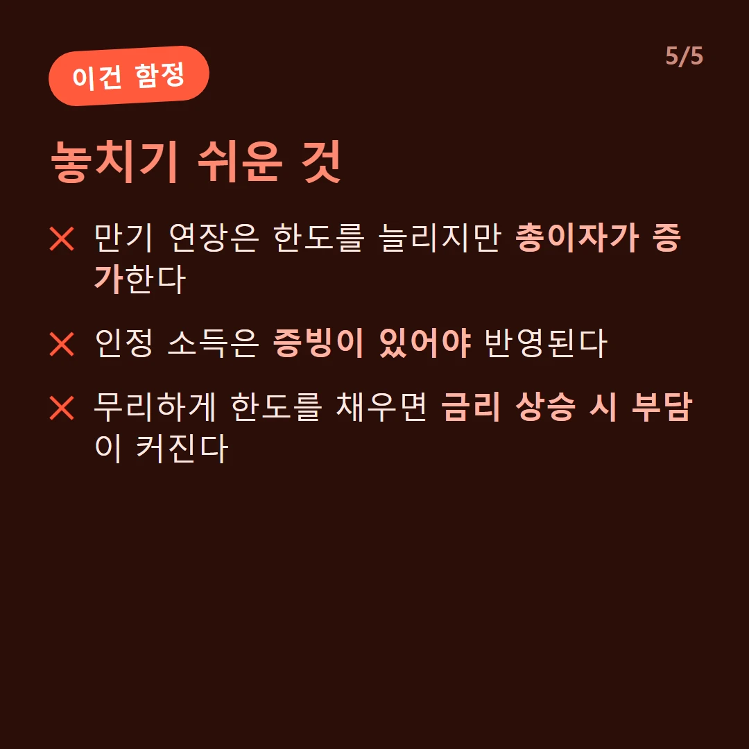 놓치기 쉬운 것 — 만기 연장은 한도를 늘리지만 총이자가 증가한다 / 인정 소득은 증빙이 있어야 반영된다 / 무리하게 한도를 채우면 금리 상승 시 부담이 커진다