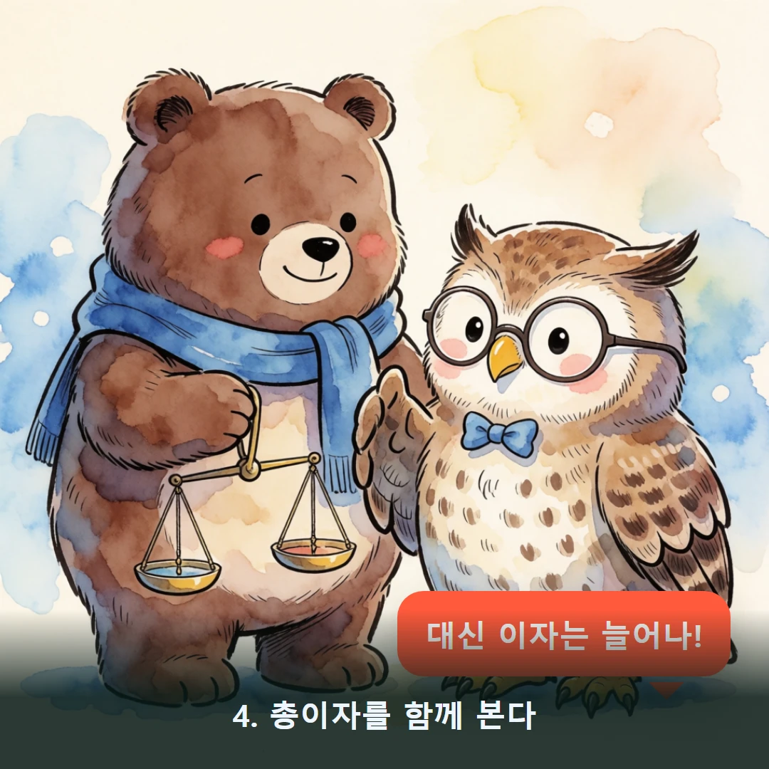 웹툰 4컷 — 4. 총이자를 함께 본다 (대신 이자는 늘어나!)