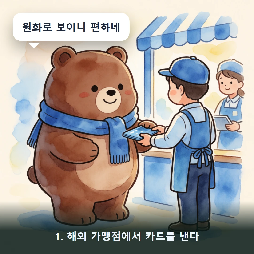 웹툰 1컷 — 1. 해외 가맹점에서 카드를 낸다 (원화로 보이니 편하네)