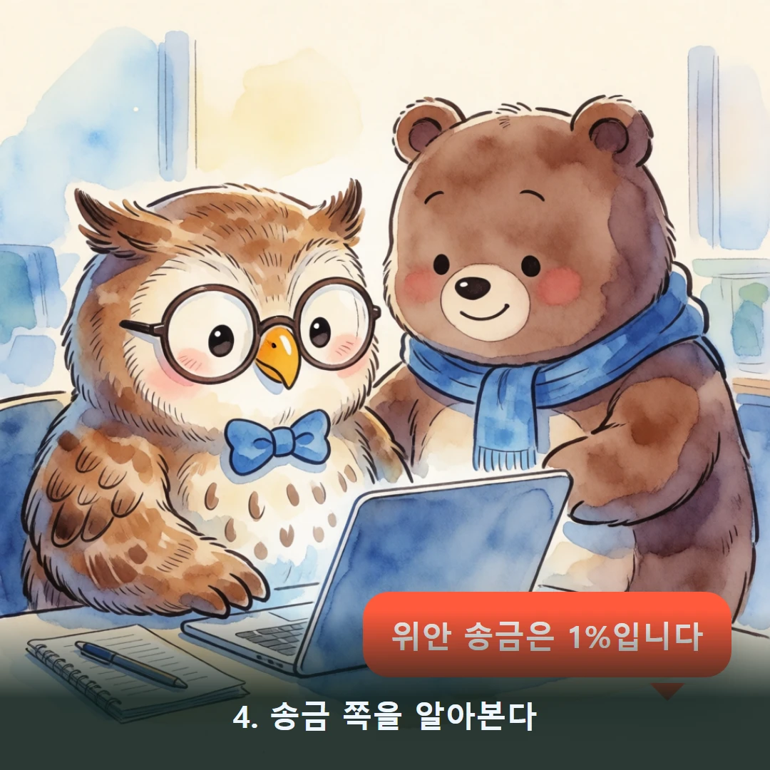 웹툰 4컷 — 4. 송금 쪽을 알아본다 (위안 송금은 1%입니다)