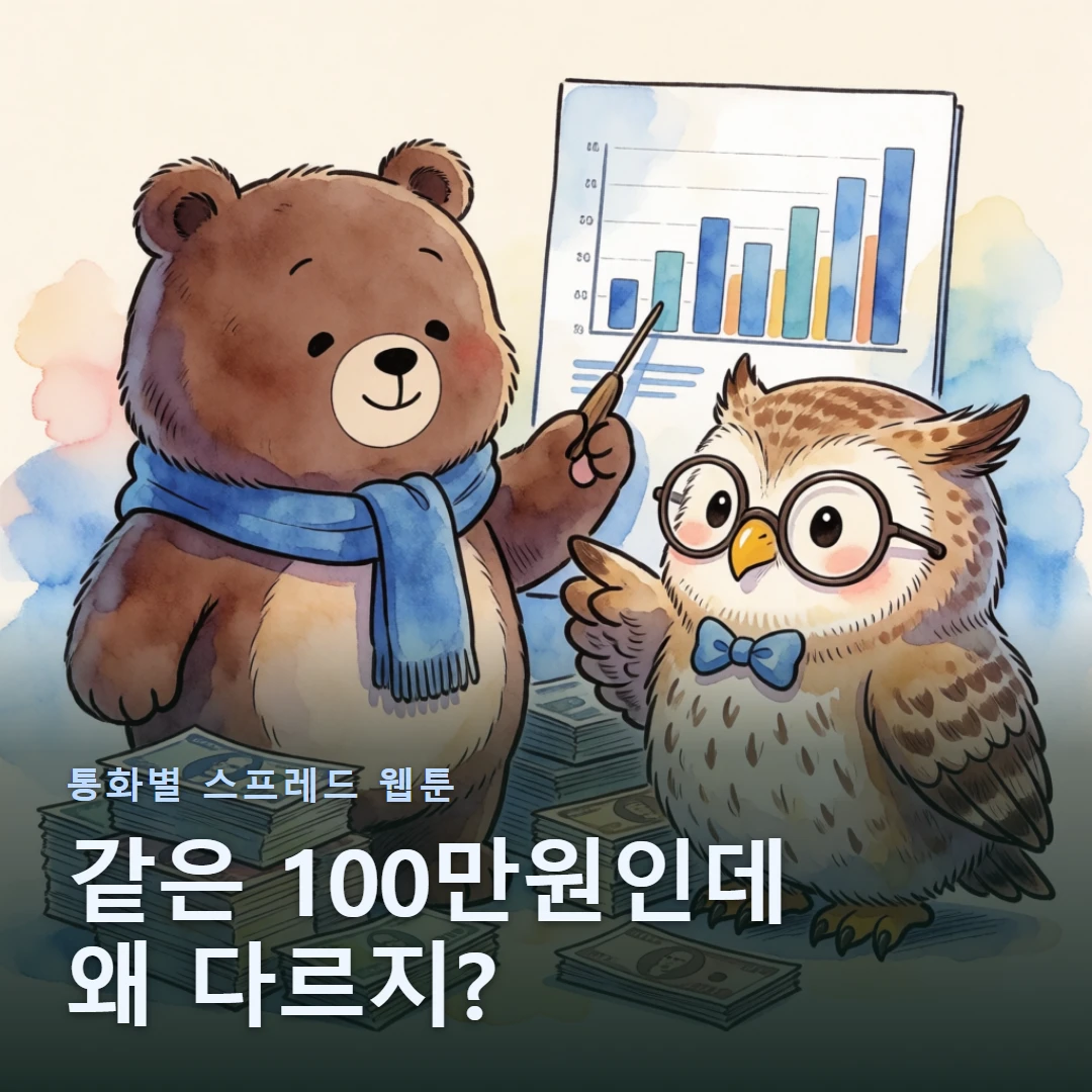 통화별 스프레드 웹툰 표지 — 같은 100만원인데 왜 다르지?