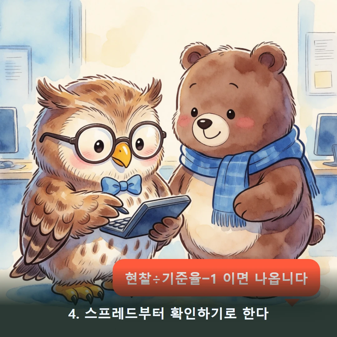 웹툰 4컷 — 4. 스프레드부터 확인하기로 한다 (현찰÷기준율−1 이면 나옵니다)