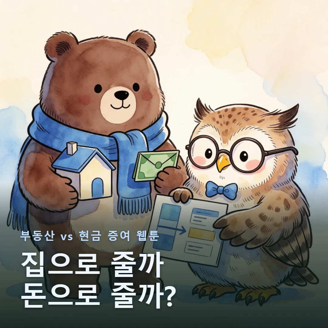 부동산 vs 현금 증여 웹툰 표지 — 집으로 줄까 돈으로 줄까?