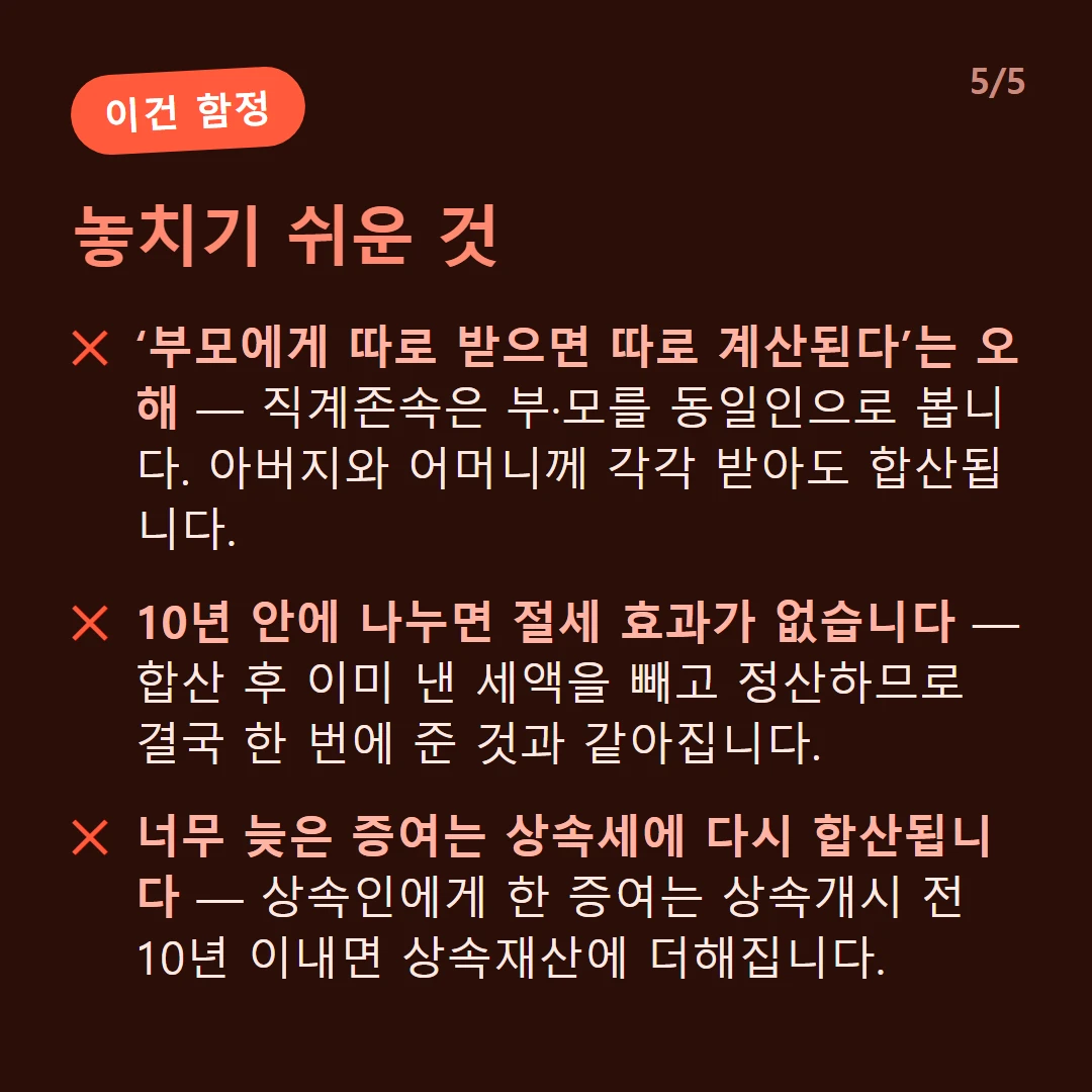 놓치기 쉬운 것 — ‘부모에게 따로 받으면 따로 계산된다’는 오해 — 직계존속은 부·모를 동일인으로 봅니다. 아버지와 어머니께 각각 받아도 합산됩니다. / 10년 안에 나누면 절세 효과가 없습니다 — 합산 후 이미 낸 세액을 빼고 정산하므로 결국 한 번에 준 것과 같아집니다. / 너무 늦은 증여는 상속세에 다시 합산됩니다 — 상속인에게 한 증여는 상속개시 전 10년 이내면 상속재산에 더해집니다.