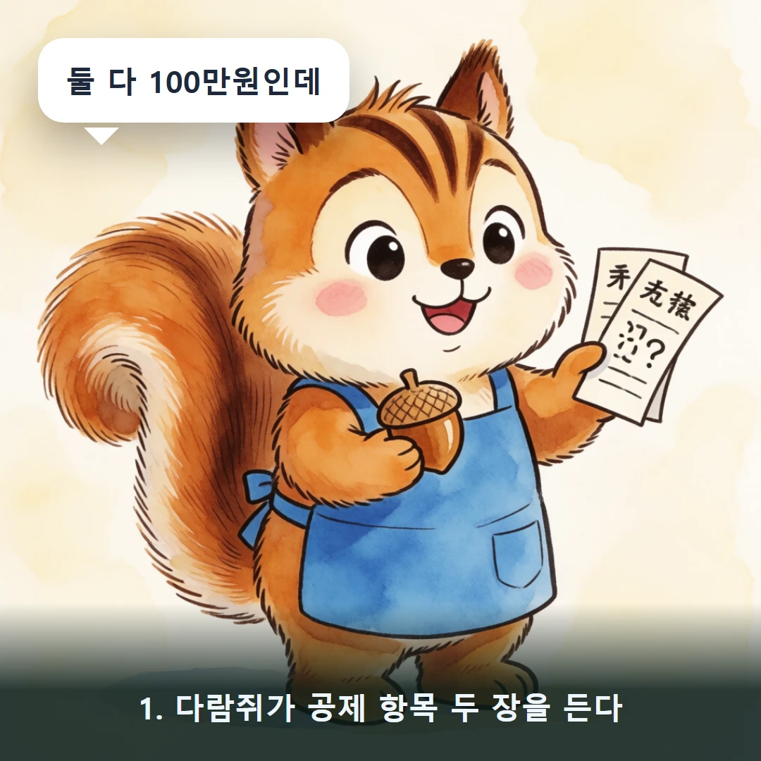 웹툰 1컷 — 1. 다람쥐가 공제 항목 두 장을 든다 (둘 다 100만원인데)