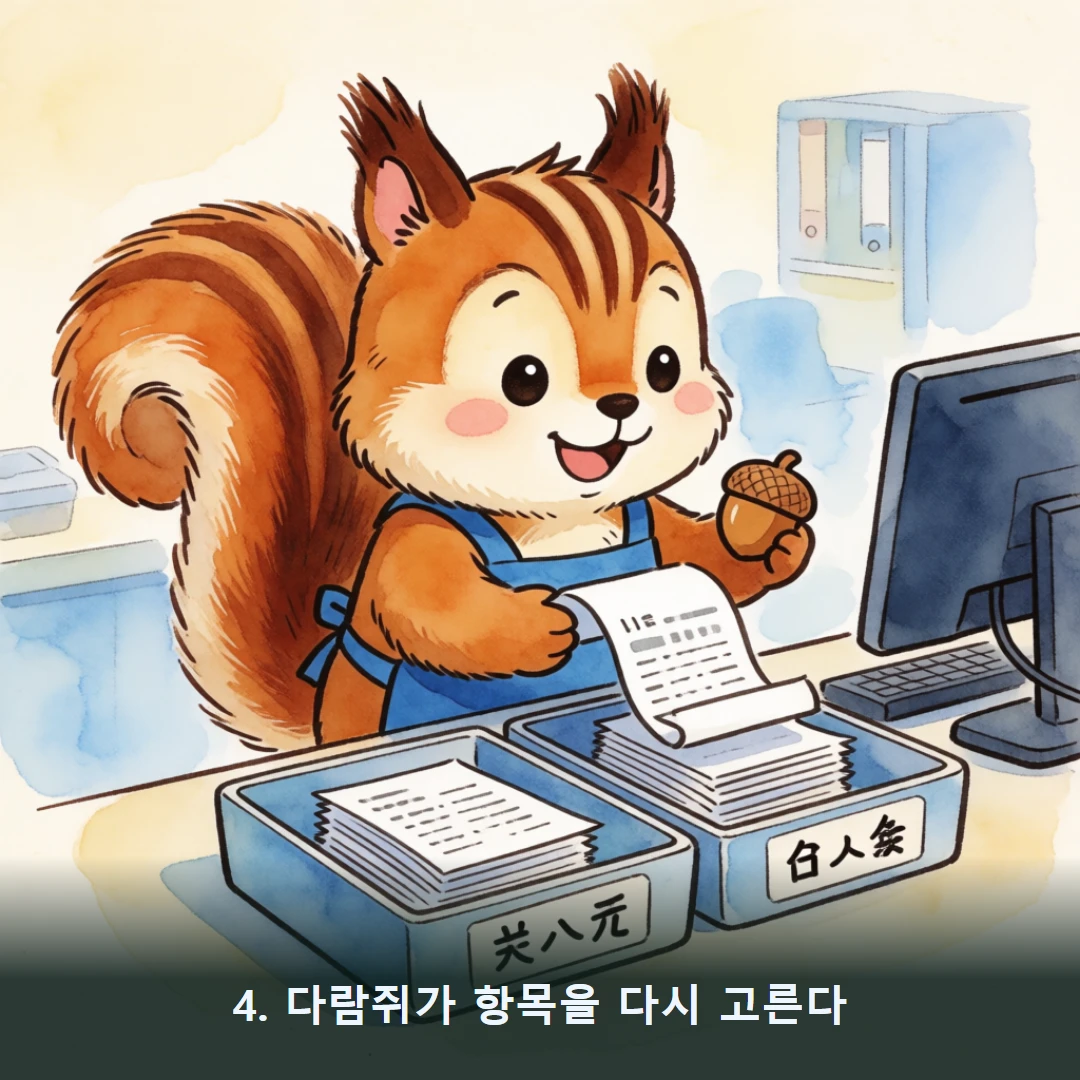 웹툰 4컷 — 4. 다람쥐가 항목을 다시 고른다
