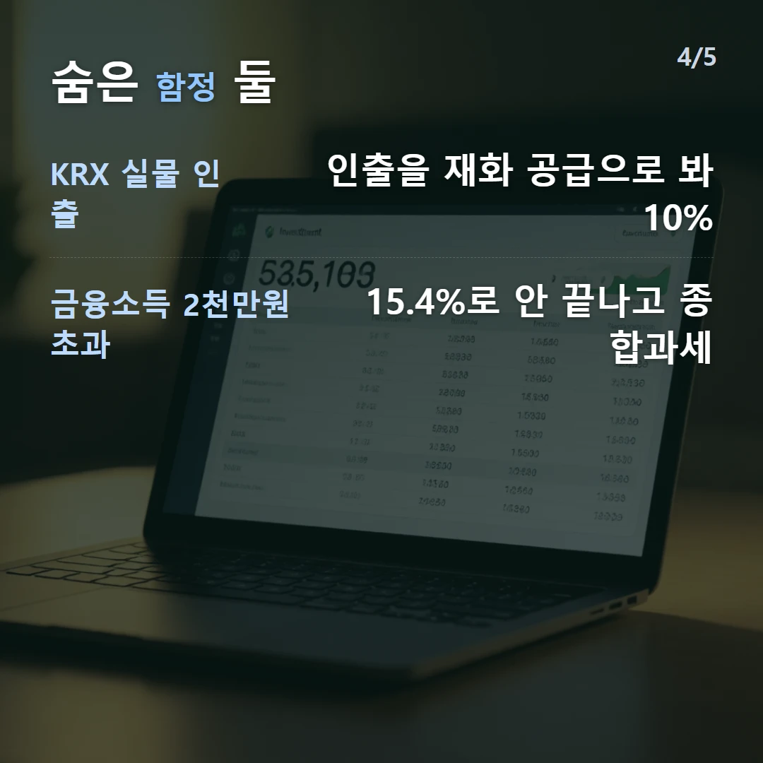 숨은 함정 둘 — KRX 실물 인출 인출을 재화 공급으로 봐 10%, 금융소득 2천만원 초과 15.4%로 안 끝나고 종합과세