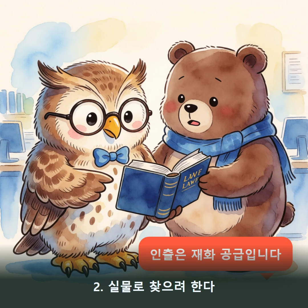 웹툰 2컷 — 2. 실물로 찾으려 한다 (인출은 재화 공급입니다)