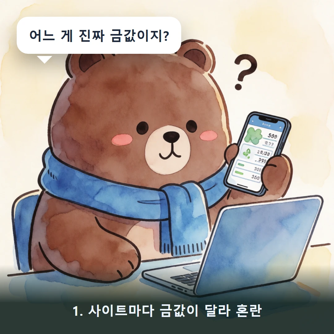 웹툰 1컷 — 1. 사이트마다 금값이 달라 혼란 (어느 게 진짜 금값이지?)