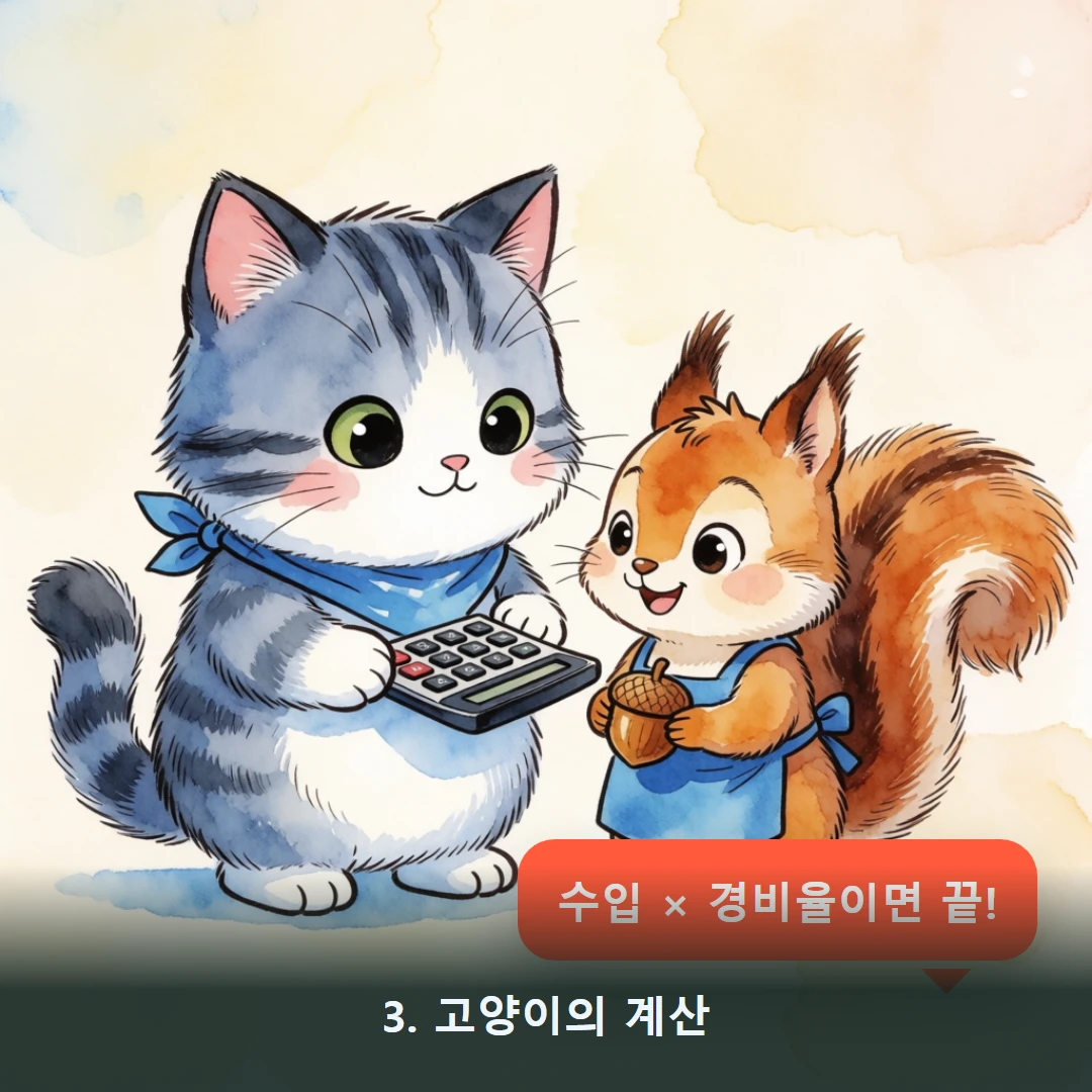 웹툰 3컷 — 3. 고양이의 계산 (수입 × 경비율이면 끝!)