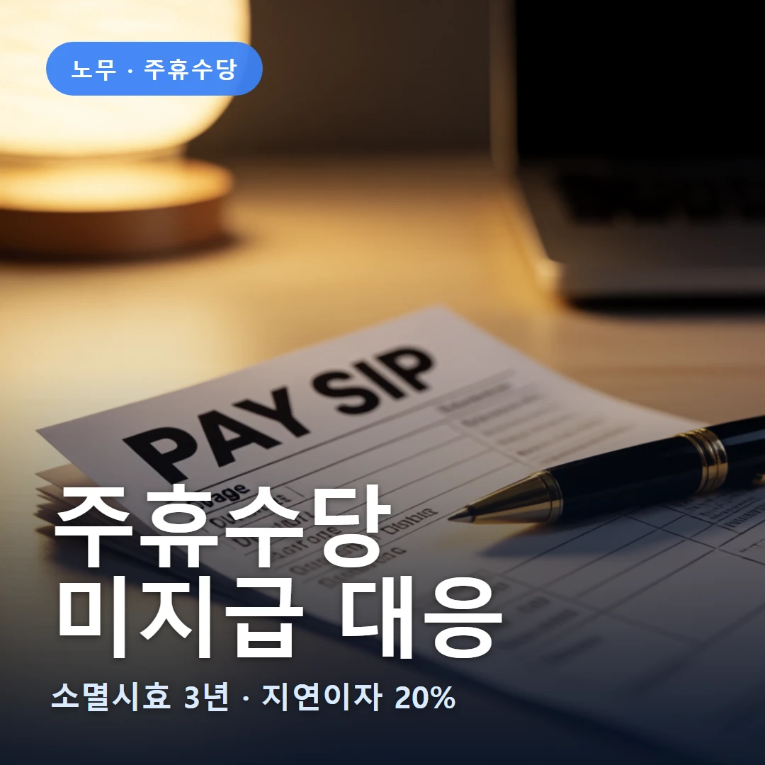 주휴수당 요약 표지 — 소멸시효 3년 · 지연이자 20%
