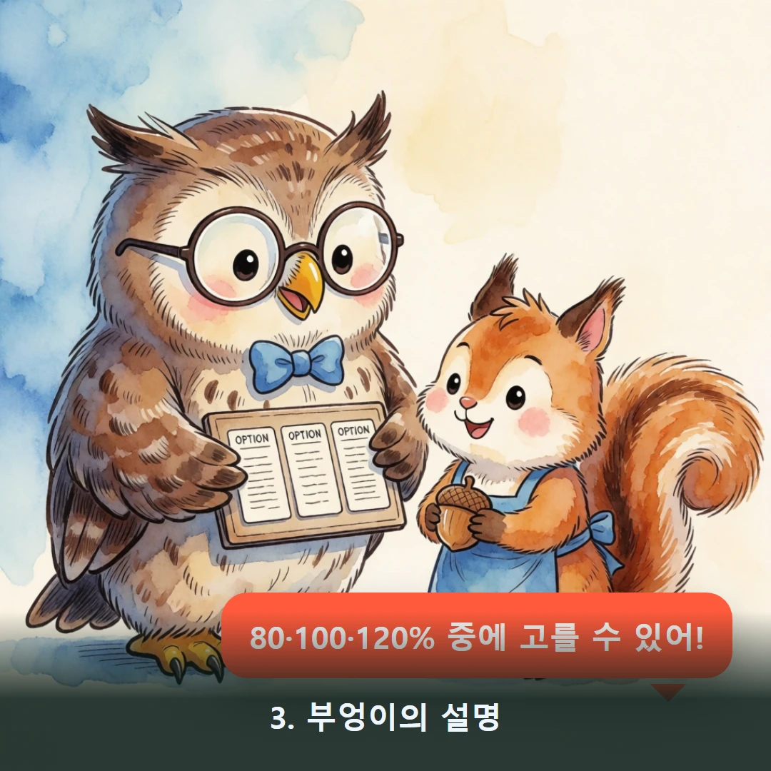 웹툰 3컷 — 3. 부엉이의 설명 (80·100·120% 중에 고를 수 있어!)