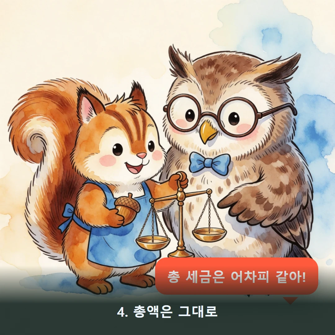 웹툰 4컷 — 4. 총액은 그대로 (총 세금은 어차피 같아!)