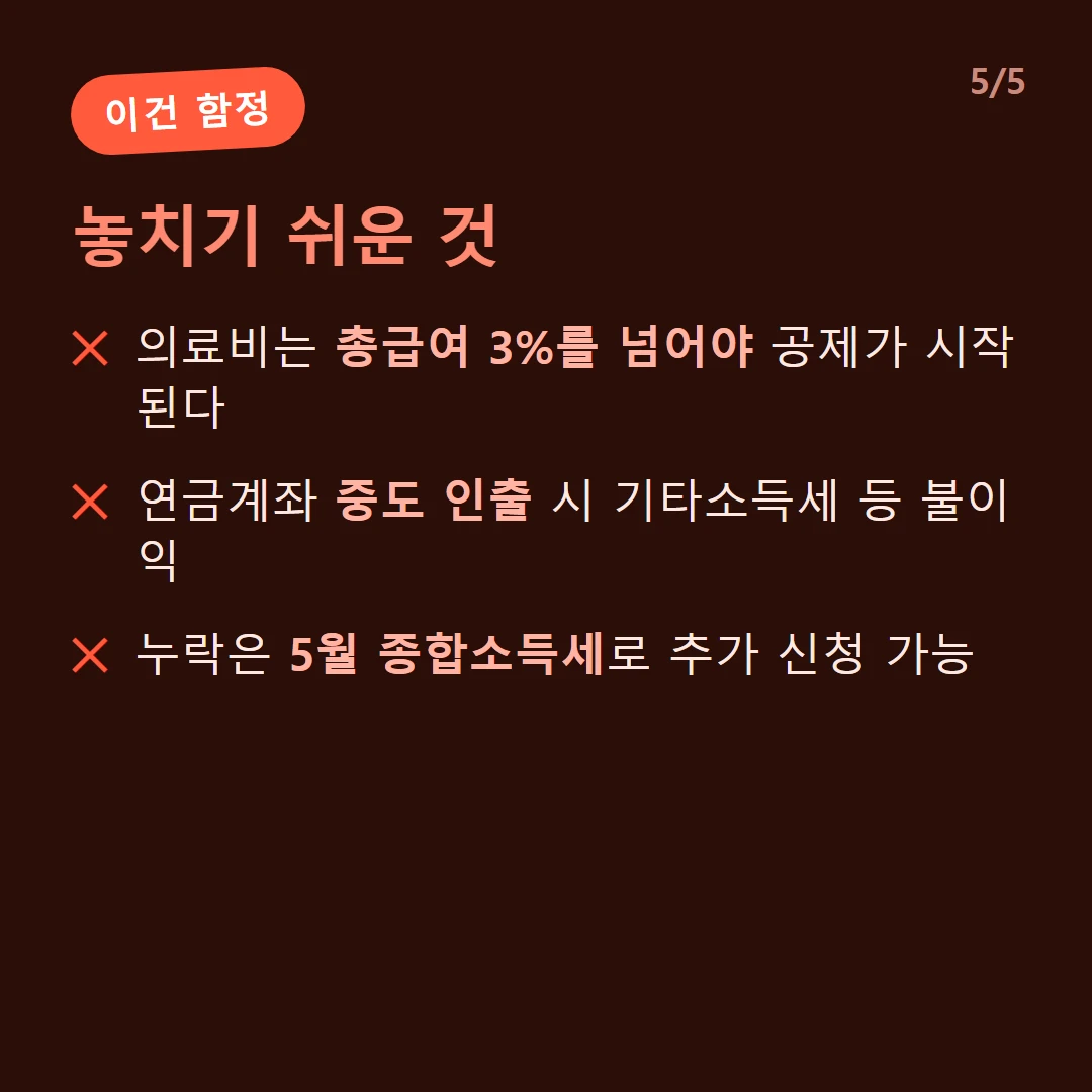놓치기 쉬운 것 — 의료비는 총급여 3%를 넘어야 공제가 시작된다 / 연금계좌 중도 인출 시 기타소득세 등 불이익 / 누락은 5월 종합소득세로 추가 신청 가능
