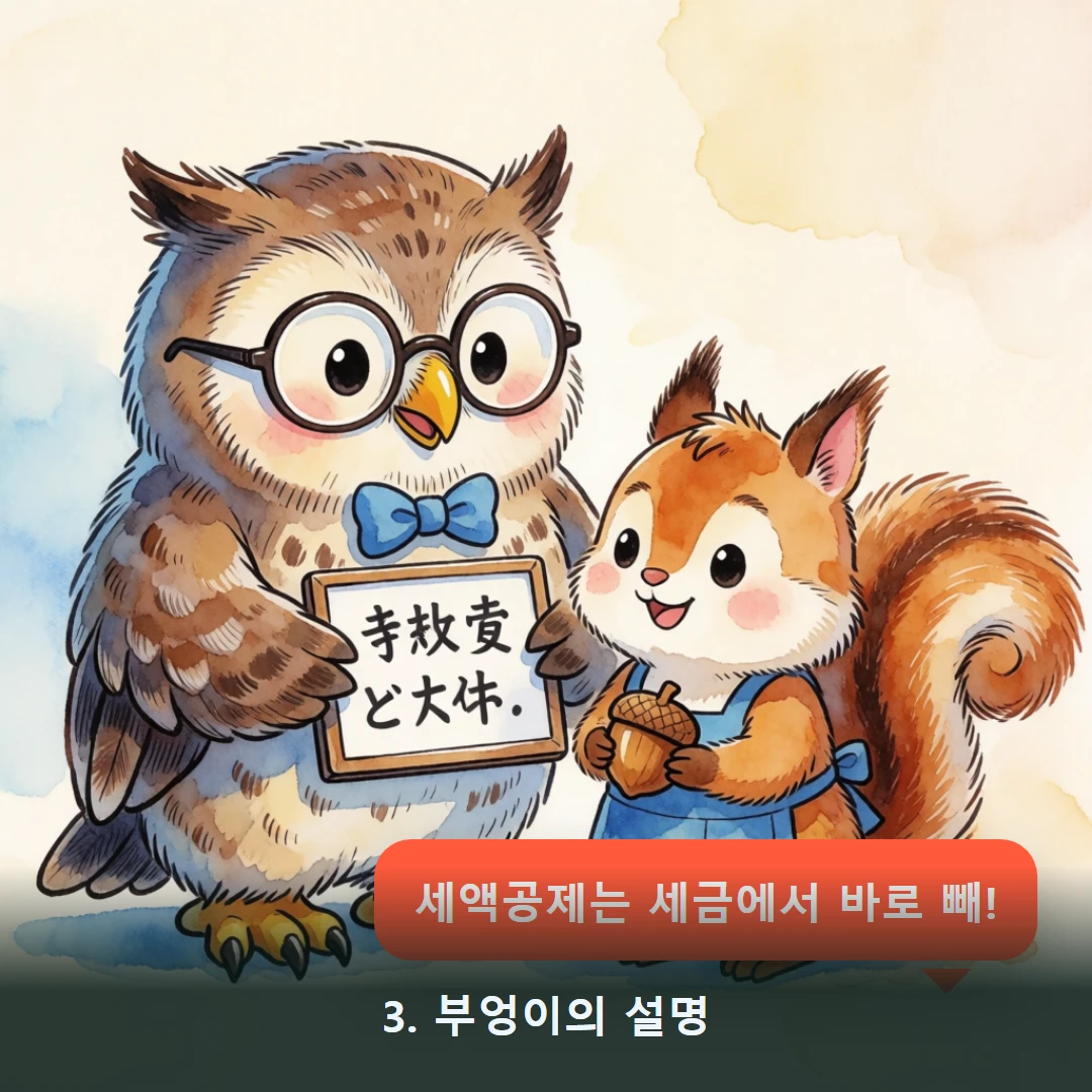 웹툰 3컷 — 3. 부엉이의 설명 (세액공제는 세금에서 바로 빼!)