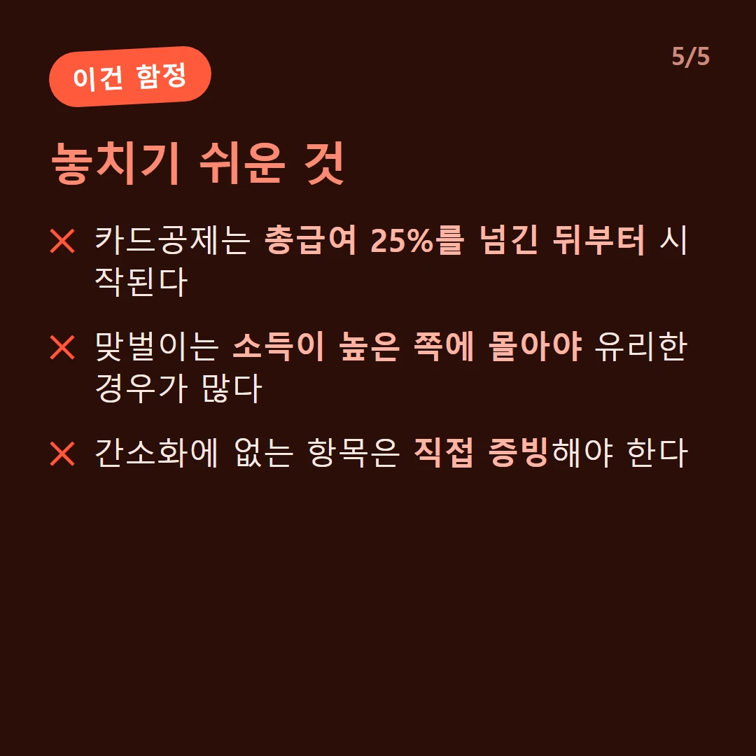 놓치기 쉬운 것 — 카드공제는 총급여 25%를 넘긴 뒤부터 시작된다 / 맞벌이는 소득이 높은 쪽에 몰아야 유리한 경우가 많다 / 간소화에 없는 항목은 직접 증빙해야 한다