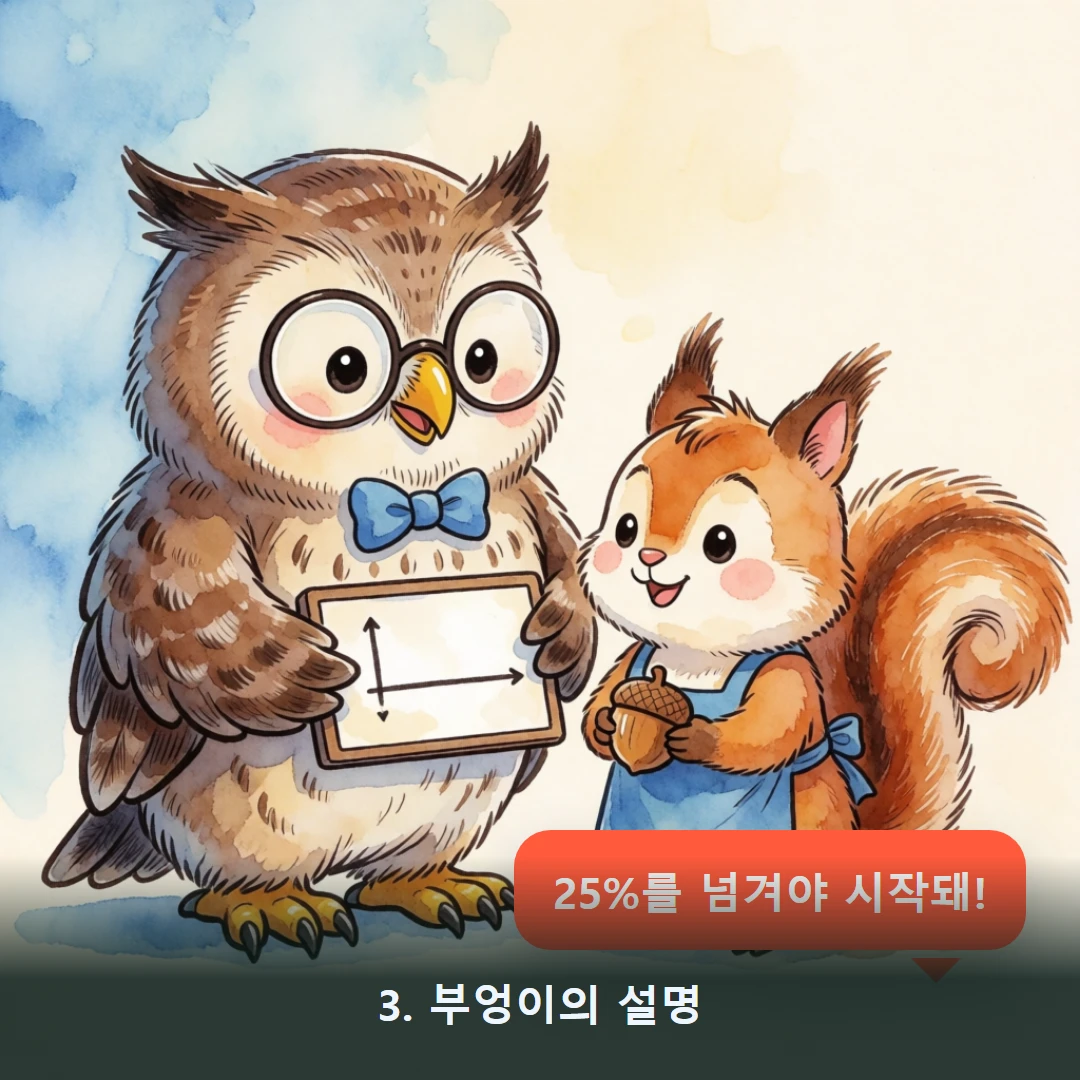 웹툰 3컷 — 3. 부엉이의 설명 (25%를 넘겨야 시작돼!)