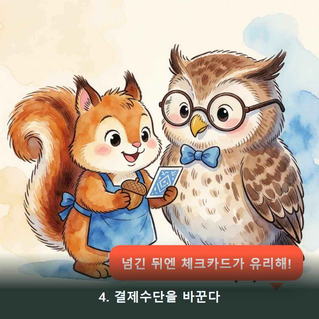 웹툰 4컷 — 4. 결제수단을 바꾼다 (넘긴 뒤엔 체크카드가 유리해!)