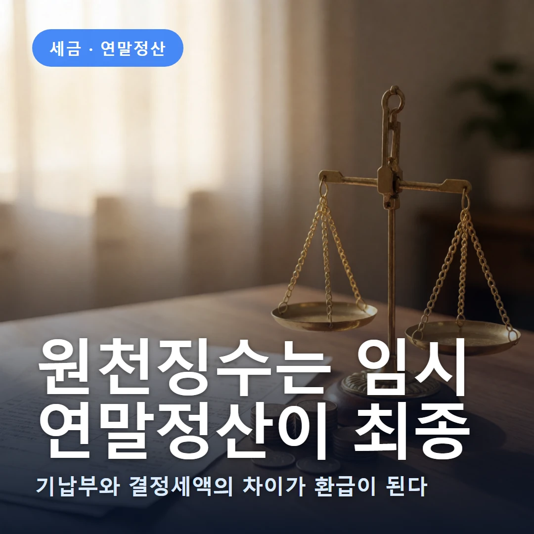 원천징수와 정산 요약 표지 — 기납부와 결정세액의 차이가 환급이 된다