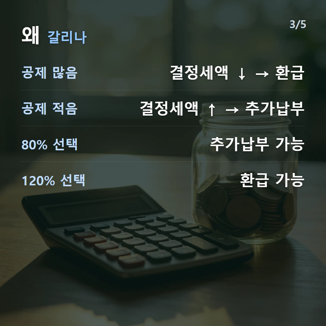 왜 갈리나 — 공제 많음 결정세액 ↓ → 환급, 공제 적음 결정세액 ↑ → 추가납부, 80% 선택 추가납부 가능, 120% 선택 환급 가능