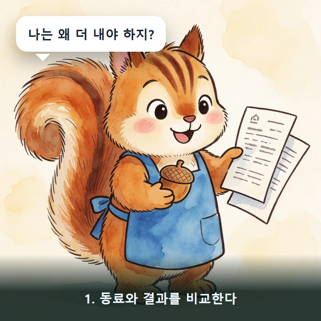 웹툰 1컷 — 1. 동료와 결과를 비교한다 (나는 왜 더 내야 하지?)