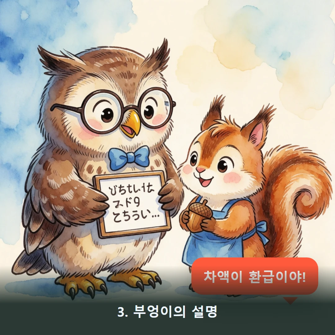웹툰 3컷 — 3. 부엉이의 설명 (차액이 환급이야!)