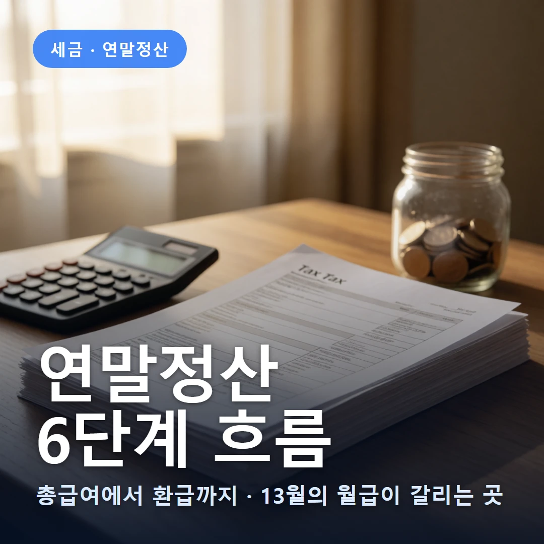 연말정산 흐름 요약 표지 — 총급여에서 환급까지 · 13월의 월급이 갈리는 곳