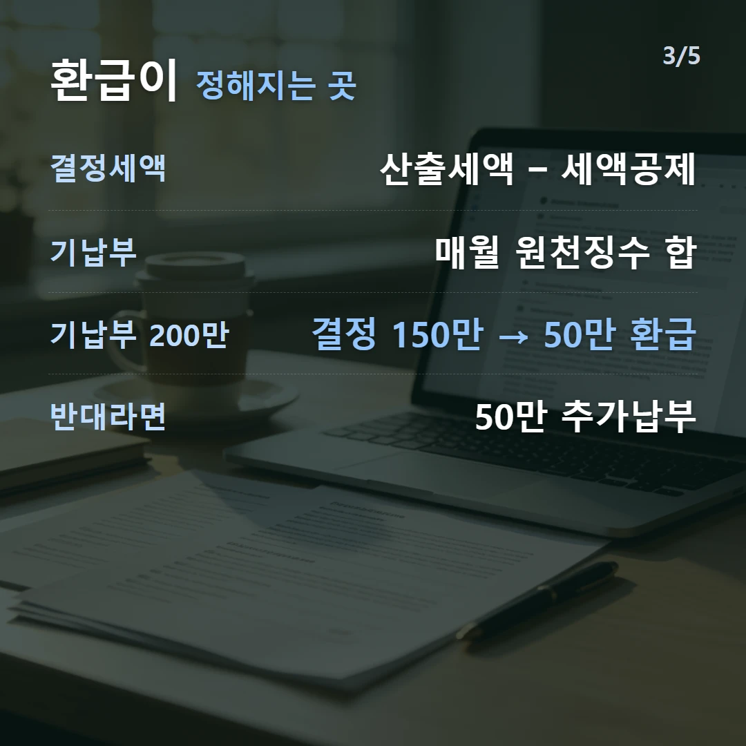 환급이 정해지는 곳 — 결정세액 산출세액 − 세액공제, 기납부 매월 원천징수 합, 기납부 200만 결정 150만 → 50만 환급, 반대라면 50만 추가납부