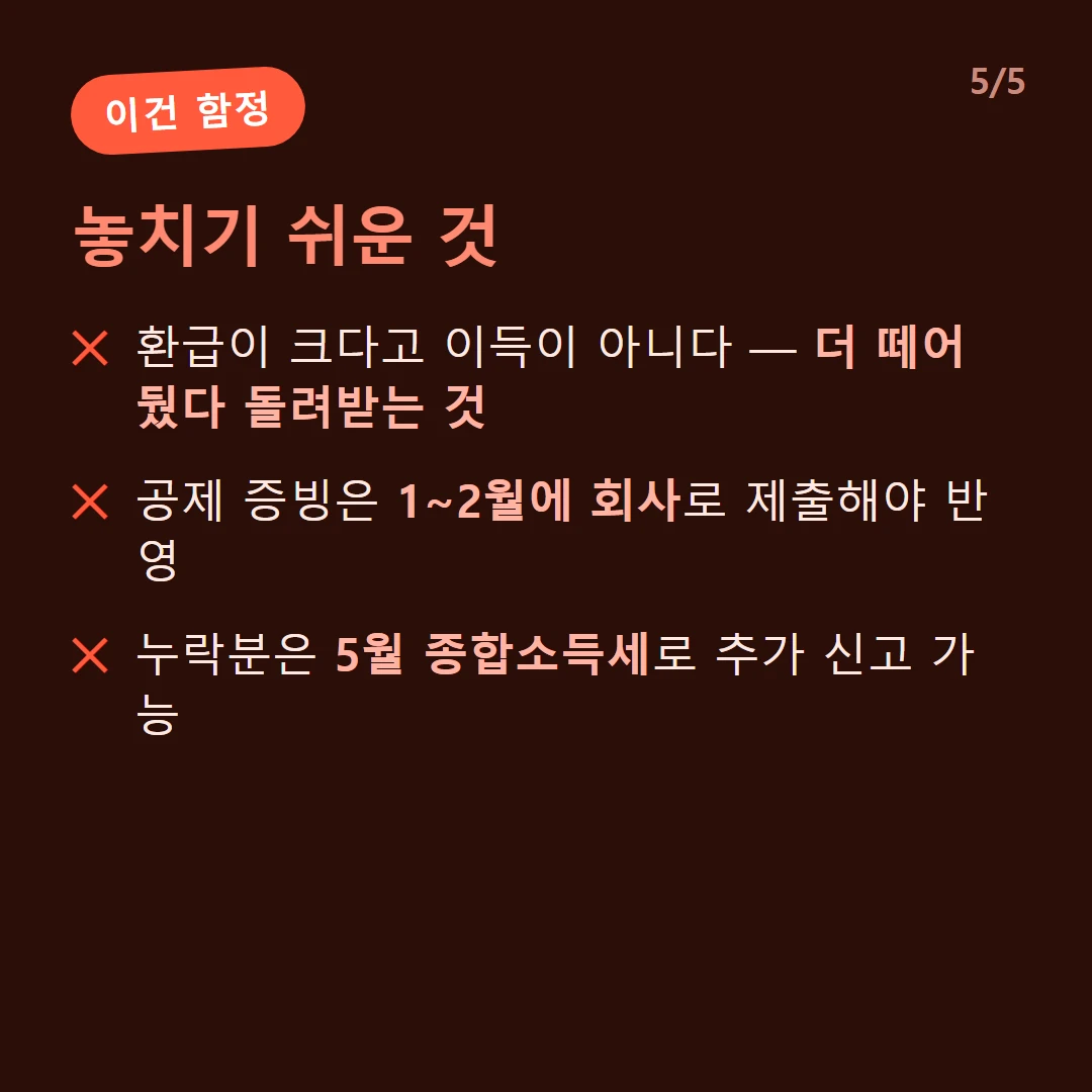 놓치기 쉬운 것 — 환급이 크다고 이득이 아니다 — 더 떼어 뒀다 돌려받는 것 / 공제 증빙은 1~2월에 회사로 제출해야 반영 / 누락분은 5월 종합소득세로 추가 신고 가능