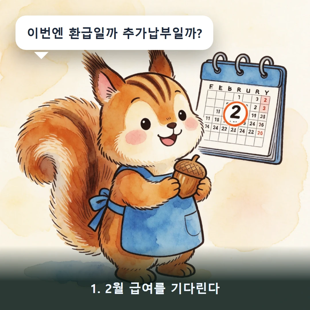 웹툰 1컷 — 1. 2월 급여를 기다린다 (이번엔 환급일까 추가납부일까?)