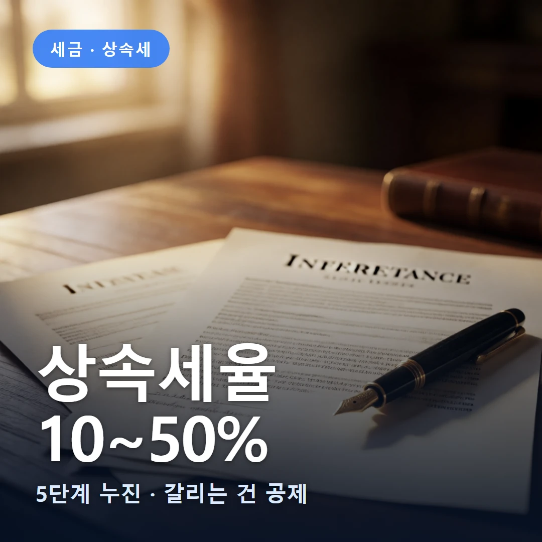상속세율 요약 표지 — 5단계 누진 · 갈리는 건 공제