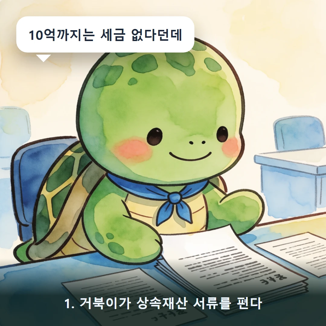 웹툰 1컷 — 1. 거북이가 상속재산 서류를 편다 (10억까지는 세금 없다던데)