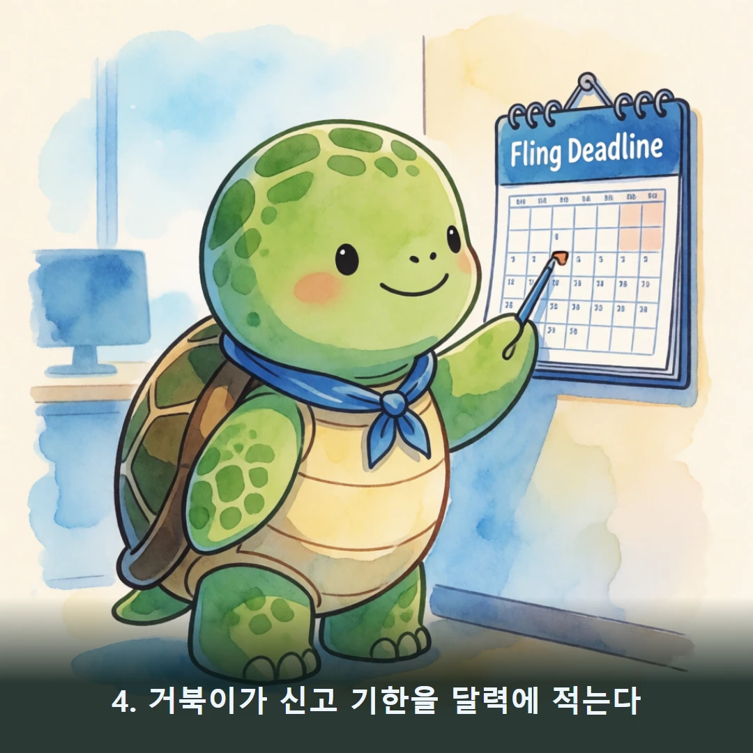 웹툰 4컷 — 4. 거북이가 신고 기한을 달력에 적는다