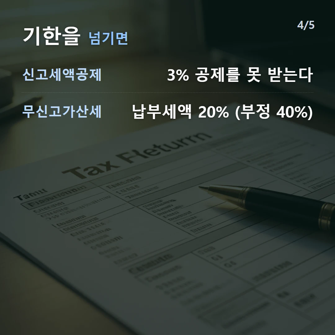 기한을 넘기면 — 신고세액공제 3% 공제를 못 받는다, 무신고가산세 납부세액 20% (부정 40%)