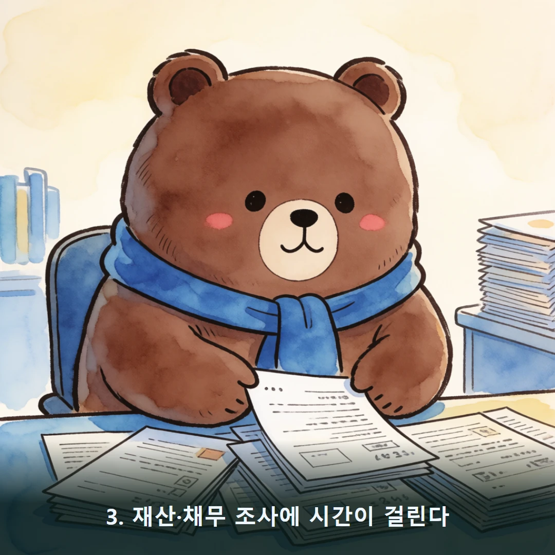 웹툰 3컷 — 3. 재산·채무 조사에 시간이 걸린다